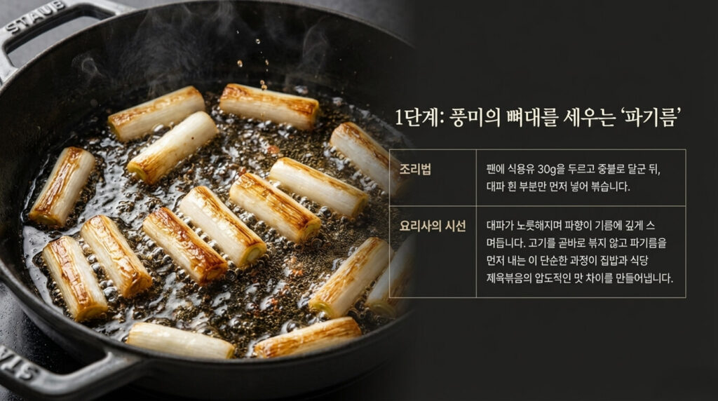 앞다리살 제육볶음 만드는 법 | 3단계: 대파 먼저 볶기